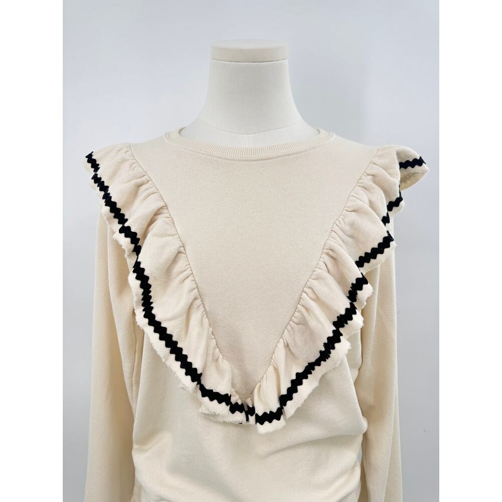 The Great. The Shrunken Ruffle Sweatshirt Ivory Cream Black Pullover Small 1